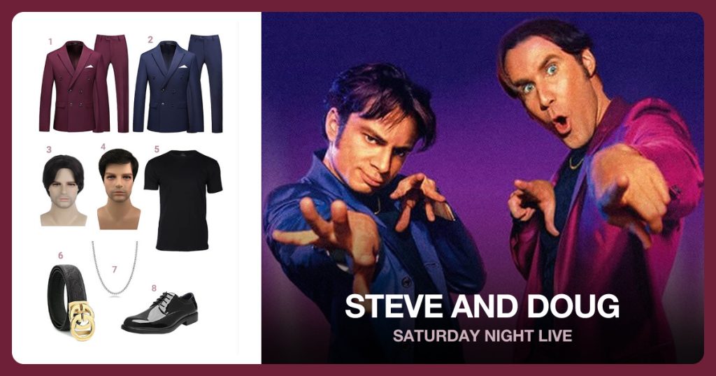 Men’s Wine 2 Piece Suit Tuxedo and Pants and Men’s Blue 2 Piece Suit Tuxedo and Pants beside Steve and Doug