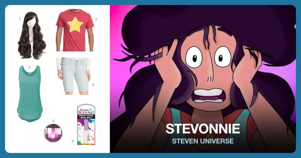 Women’s Long Curly Wig, Steven Universe Star T-Shirt and Scoop Neck Woven Tank Top beside Stevonnie