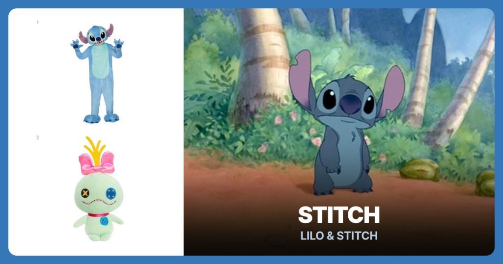 Adult Stitch Mascot Costume and Scrump Plush Doll beside Stitch