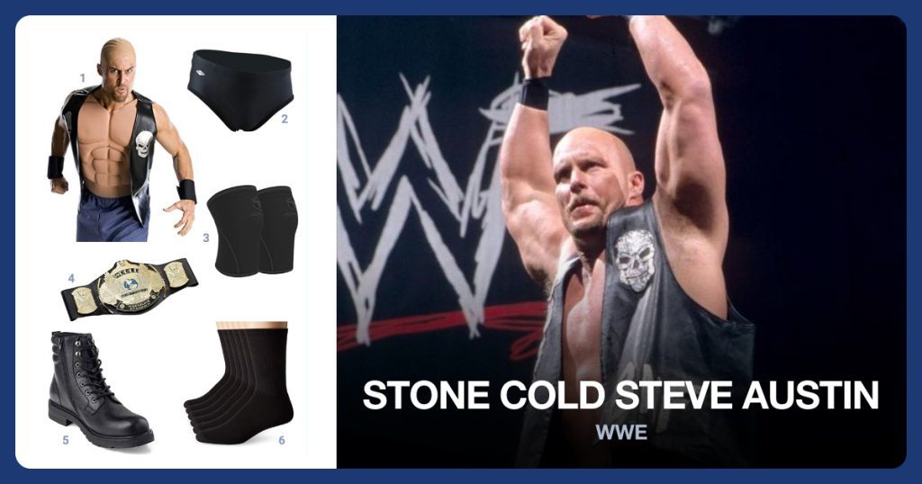 Steve Austin Costume, Wrestling Briefs, Knee Sleeves and Championship Belt beside Stone Cold Steve Austin