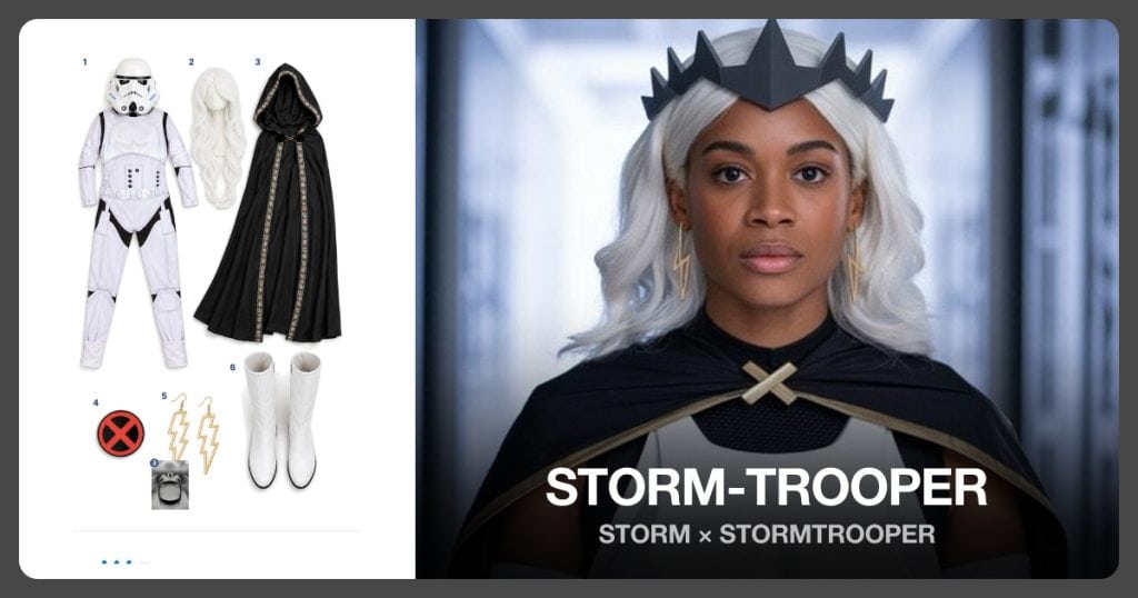 Stormtrooper Costume Set, Gold-Trimmed White Cape, Long White Wig and Black EVA Foam for Storm Tiara beside Storm-Trooper