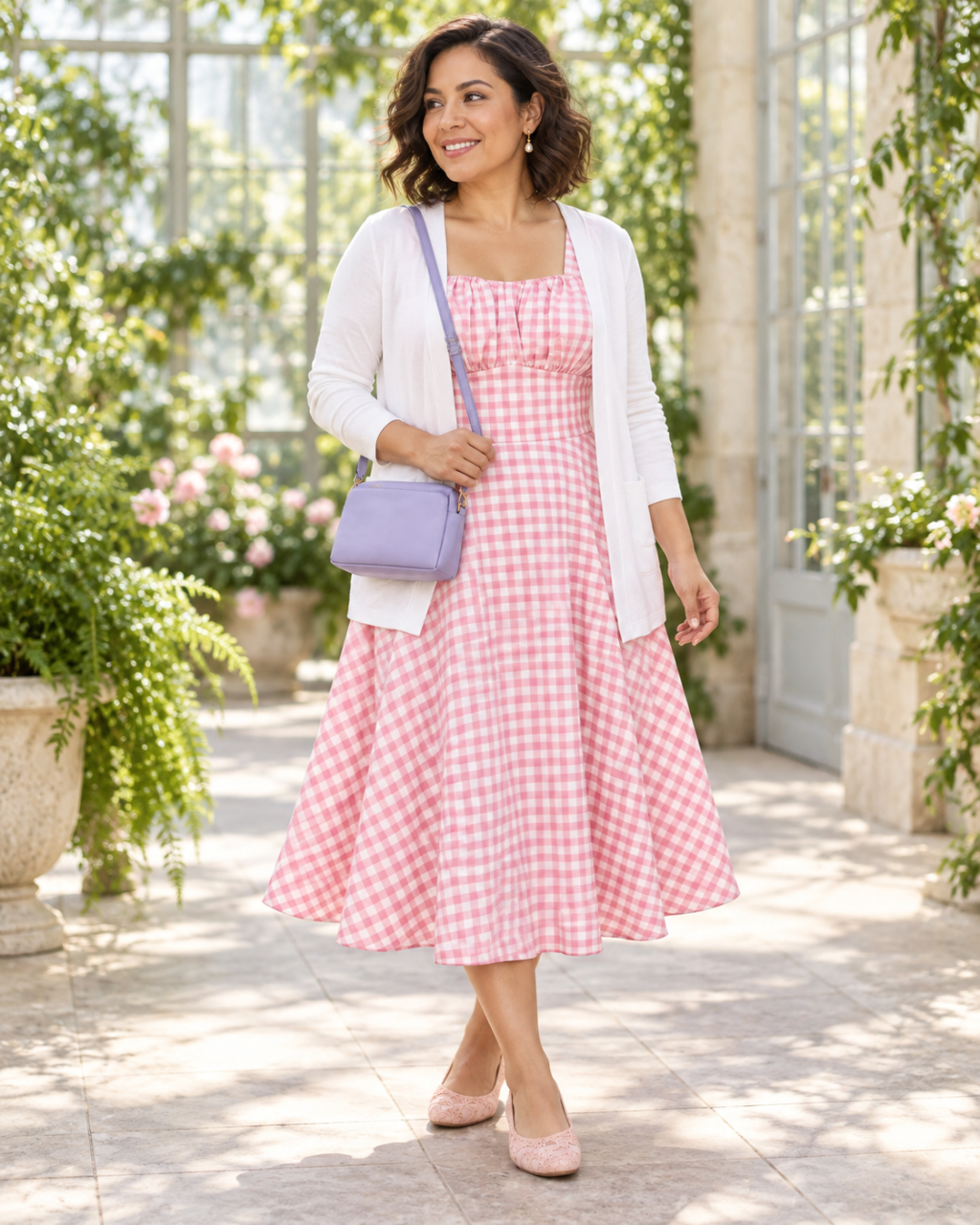 An adult woman wears the pink gingham midi dress with a white cardigan, lavender crossbody and pink flats.