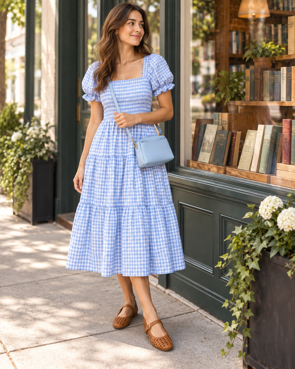 An adult woman wearing a blue gingham puff-sleeve midi dress, pale-blue crossbody and cognac woven Mary Jane flats outside a neighborhood bookshop.