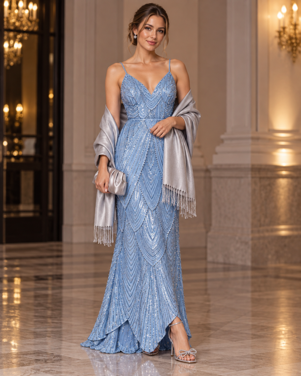 An adult woman wears a complete Elsa-inspired outfit.