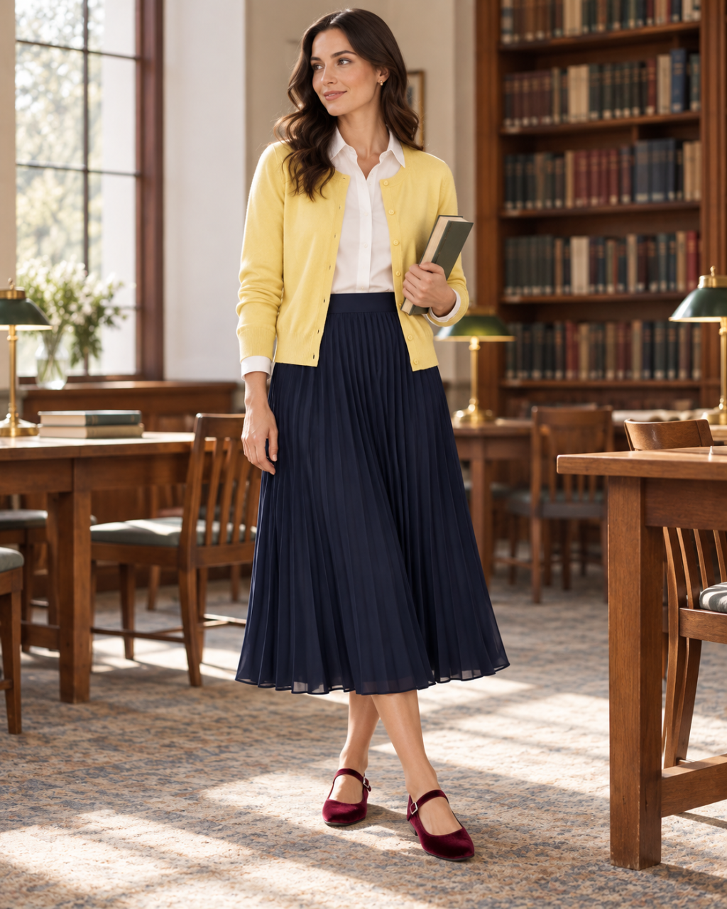 An adult woman wearing a white blouse, yellow cardigan, navy pleated midi skirt and burgundy Mary Jane flats in a library.