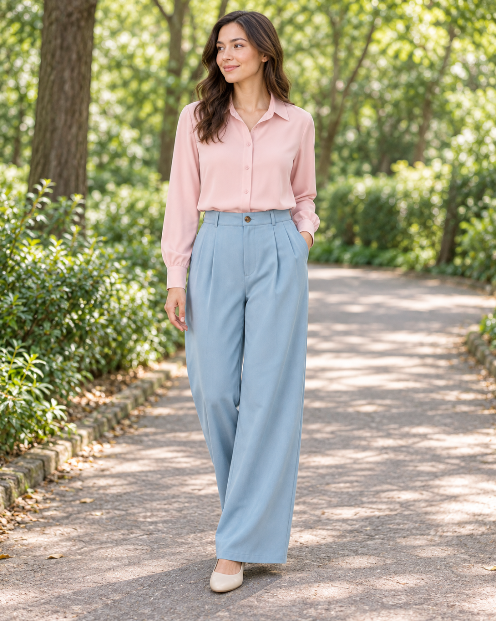 An adult woman wearing a blush-pink blouse with dusty-blue wide-leg trousers and beige flats.