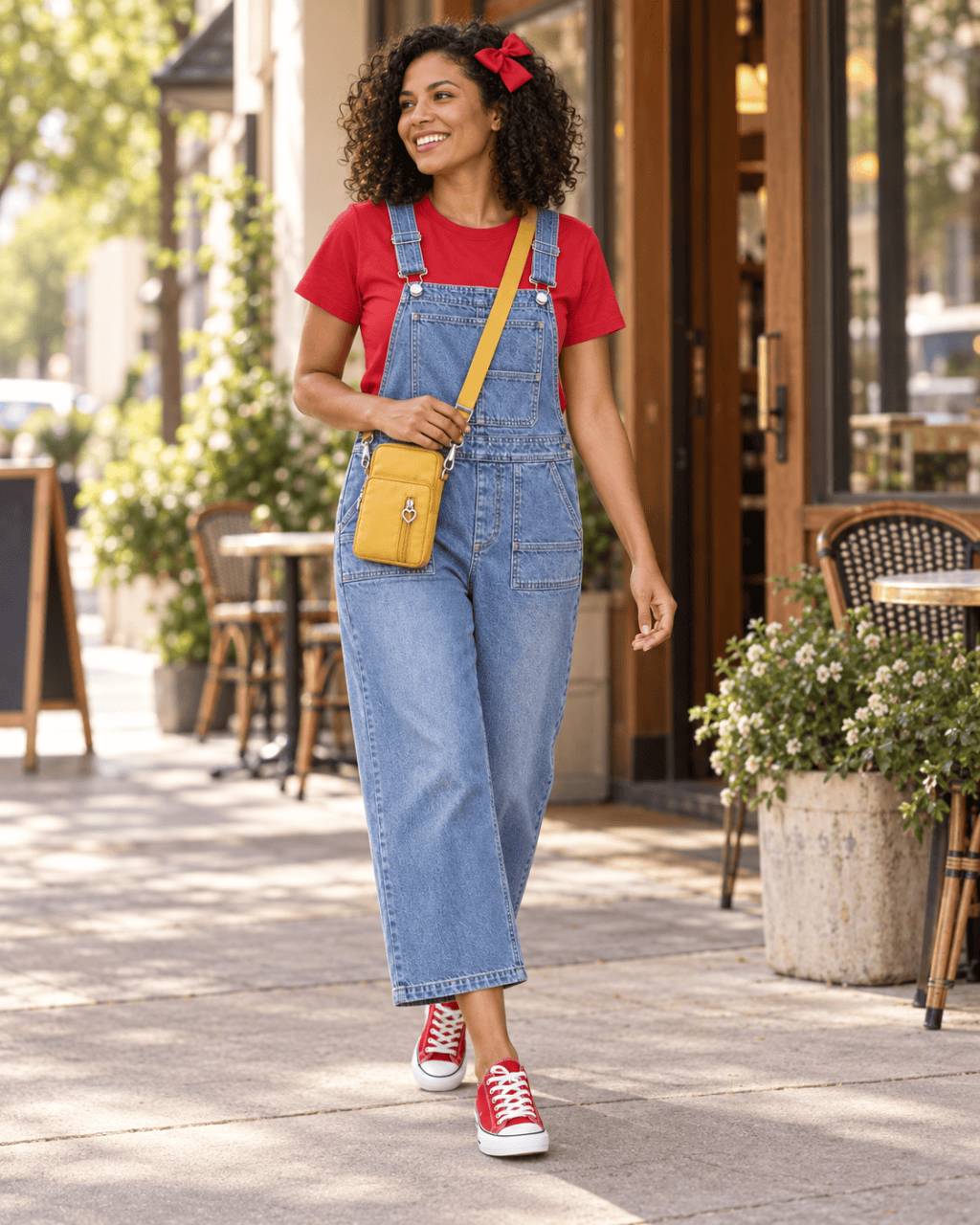 Adult woman wearing the sourced red tee, blue overalls, red bow, yellow pouch and red-and-white sneakers