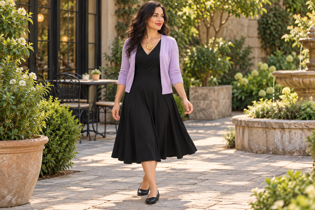 An adult woman wears a black flared midi dress with a lilac cardigan, gold spiral-shell pendant and plain black ballet flats in a garden courtyard.