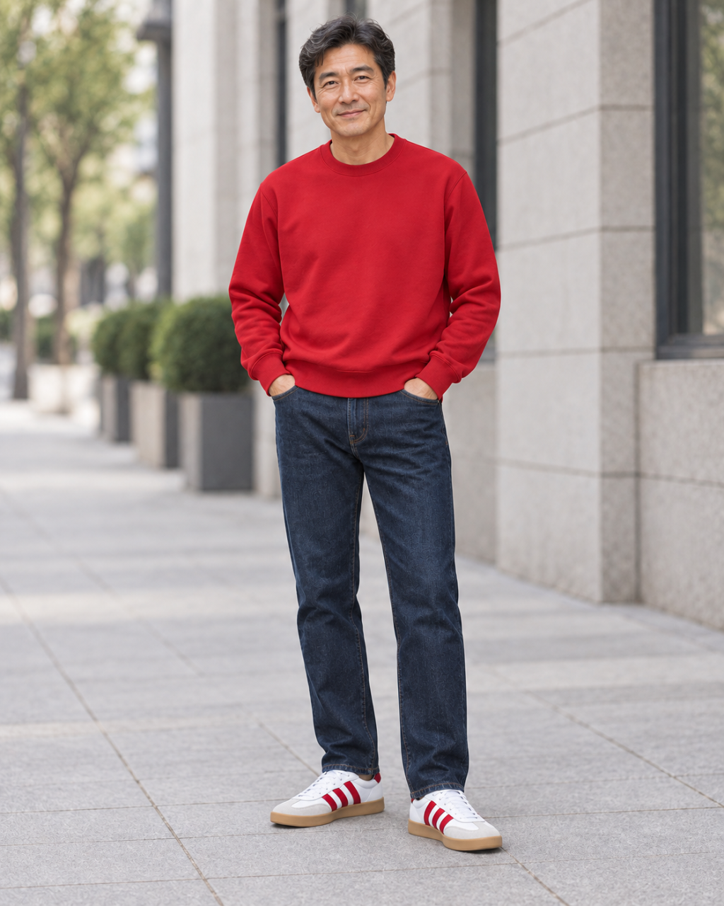 An older adult man wears a deep-red crewneck with dark jeans and white sneakers with red stripes.