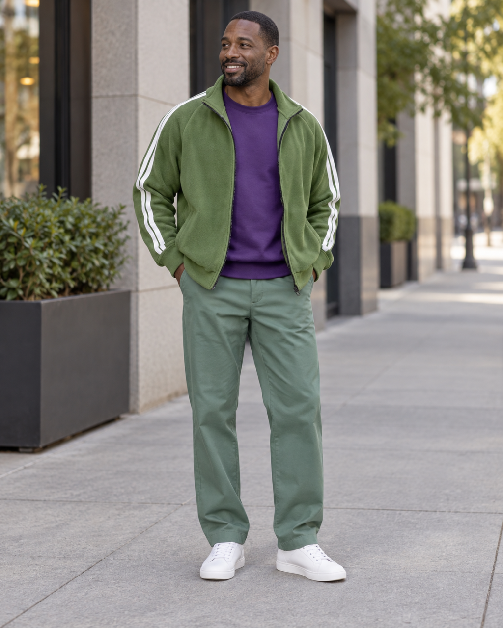 An adult man wears a muted green striped track jacket over a purple crewneck with sage chinos and white sneakers.