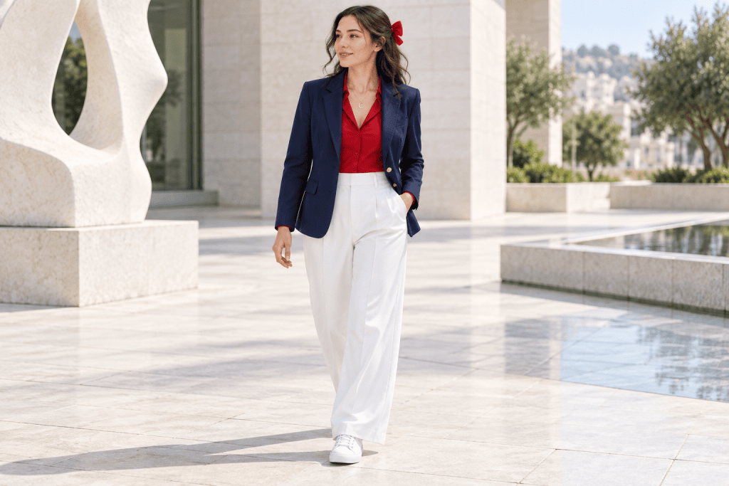 Adult woman wearing a navy blazer, red blouse, white trousers, gold crescent necklace and red bow