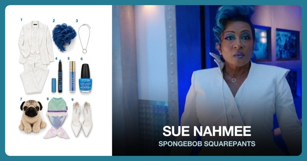 White Three-Piece Suit, Blue Pompadour Wig, Silver Circle Necklace and Blue Shimmer Eyeshadow beside Sue Nahmee