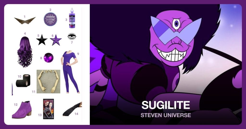Pointy V Cosplay Glasses, Purple Face Paint, Black / Purple Fabric Paint and Purple Wig beside Sugilite