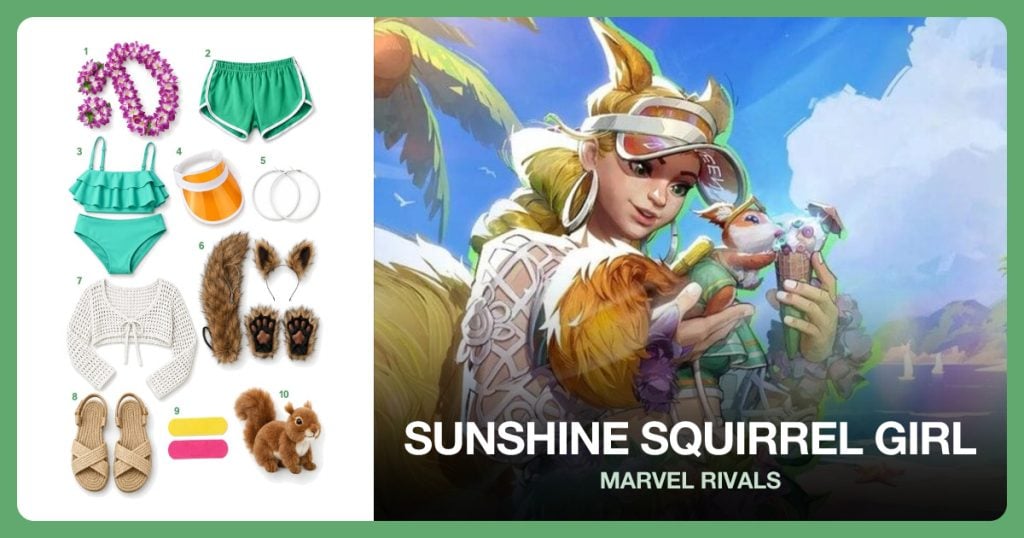 Purple Lei Wreath Set, Green Dolphin Shorts, Green Ruffle Top Bikini and Orange Plastic Visor beside Sunshine Squirrel Girl