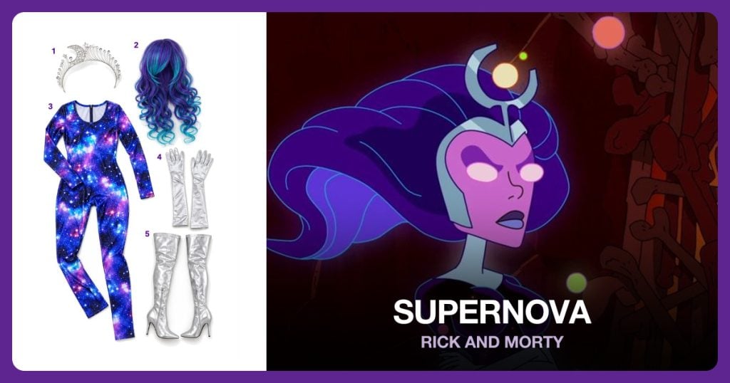 Silver Moon Crown, Blue Purple Galaxy Wig, Galaxy Print Catsuit and Long Silver Gloves beside Supernova