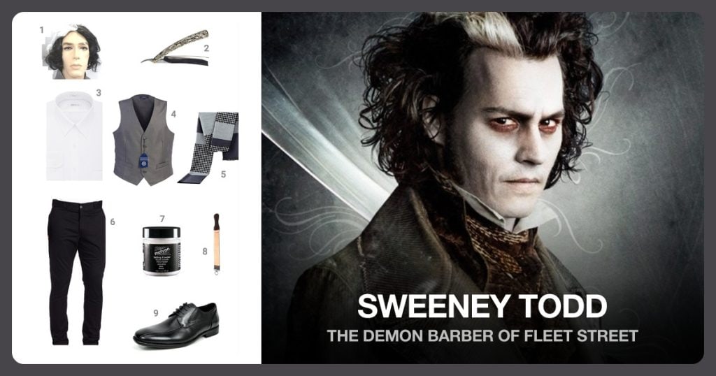 Sweeney Todd Adult Hair, Straight Razors, Solid Point Collar Dress Shirt and 5 Button Formal Suit Vest beside Sweeney Todd