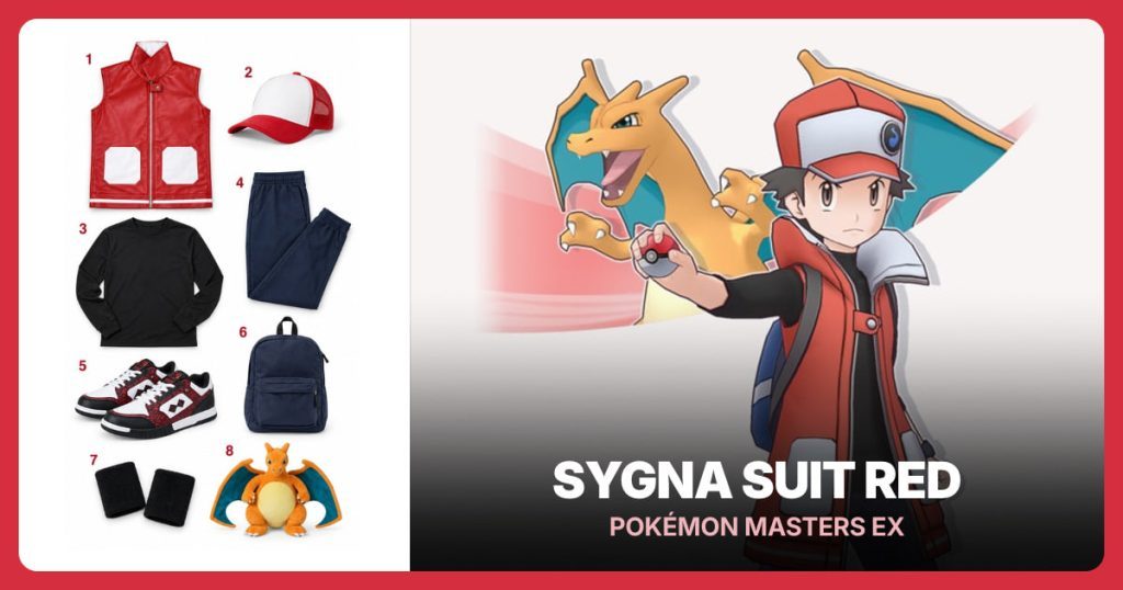 Sygna Suit Red Cosplay Vest, Red and White Trucker Cap, Black Long-Sleeve Shirt and Navy Jogger Pants beside Sygna Suit Red