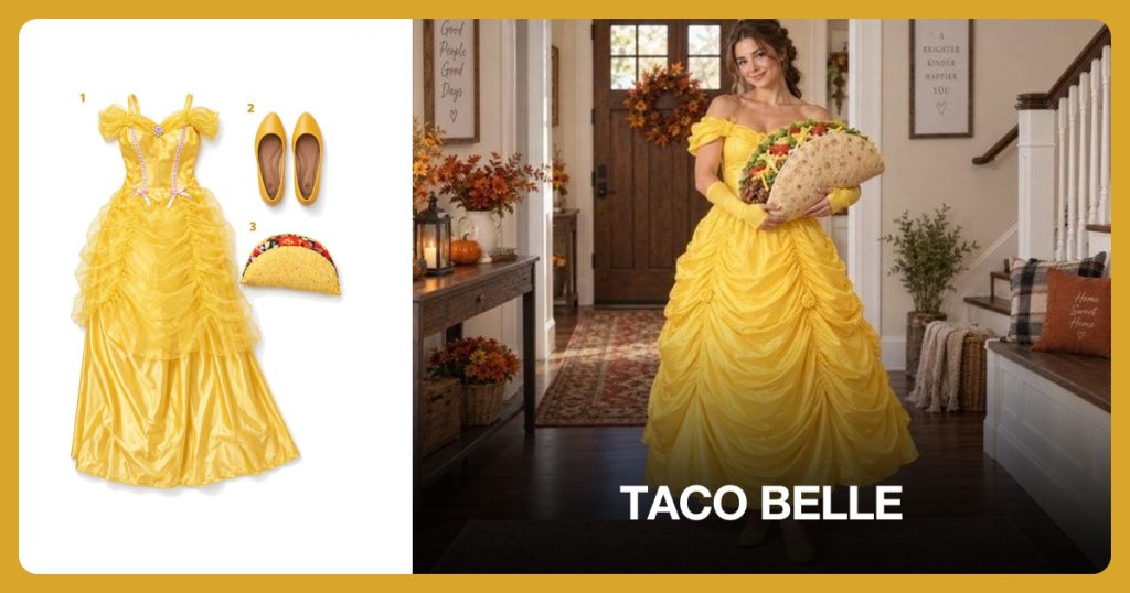 Yellow Ball Gown, Yellow Ballet Flats and Large Taco Plush Pillow beside Taco Belle