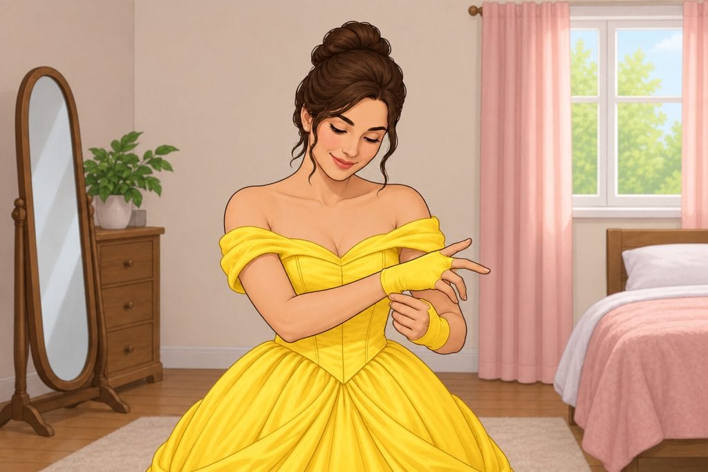 Taco Belle costume: 2. Dress in the Gown and Glovelettes