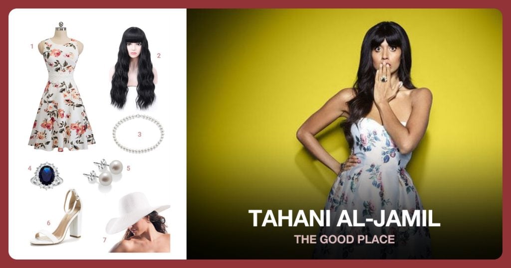 Floral Dress, Black Wavy Hair Wig, Pearl Necklace and Silver Ring beside Tahani Al-Jamil