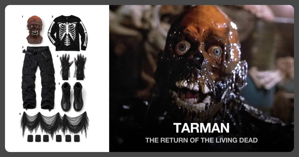 Tarman Latex Mask, Long Sleeve Skeleton Shirt, Black Cargo Pants and Skeleton Gloves beside Tarman