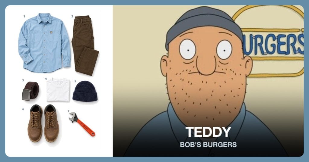 Blue Work Shirt, Brown Carpenter Jeans, Canvas Web Belt and White Undershirt beside Teddy