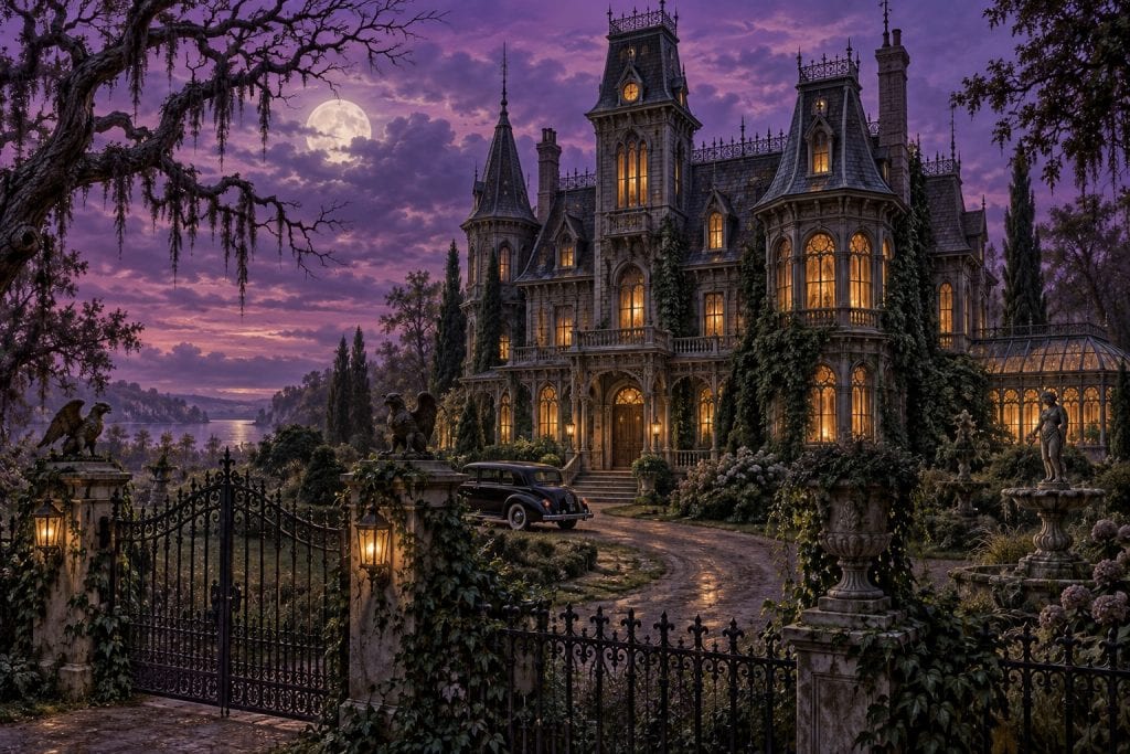 An ornate gothic mansion with warm windows at purple twilight