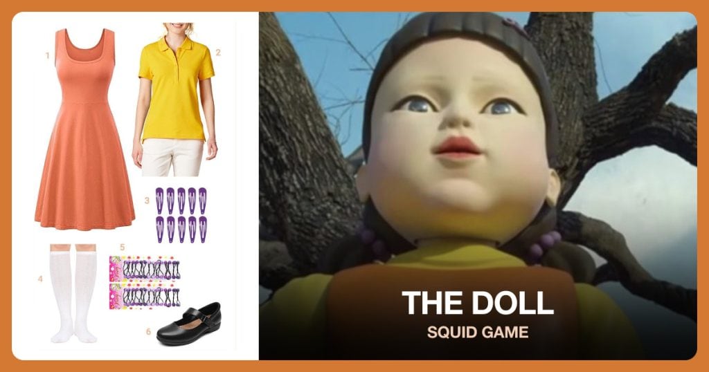 Light Orange Women’s Sleeveless Midi Dress, Women’s Short-Sleeve Yellow Polo Shirt and Purple Hair Clips beside The Doll