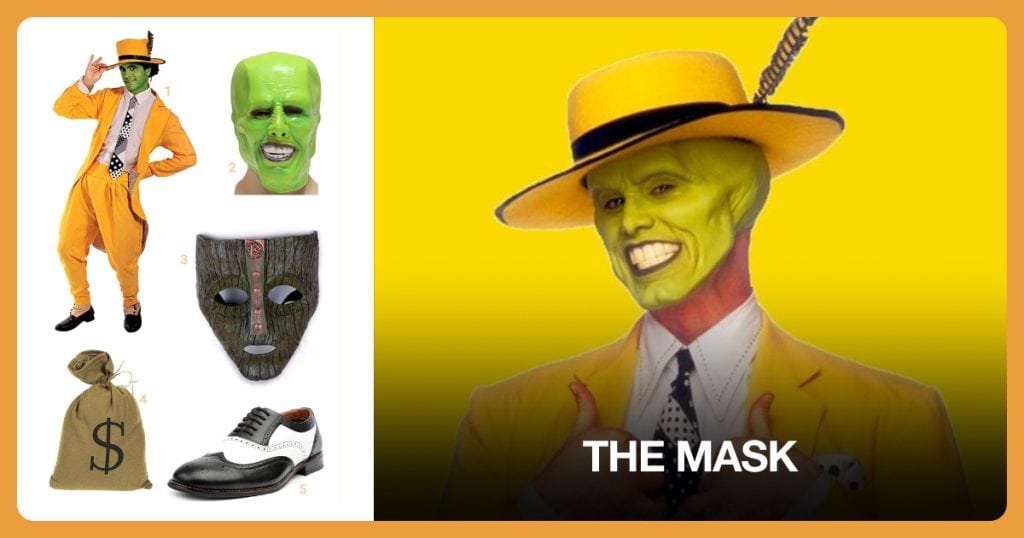 The Mask Costume, The Mask Prop, Money Bag and Black and White Shoes beside The Mask