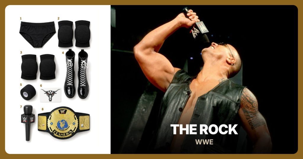 Black Wrestling Briefs, Black Knee Pads, Black Elbow Pads and Black Lace-Up Boots beside The Rock
