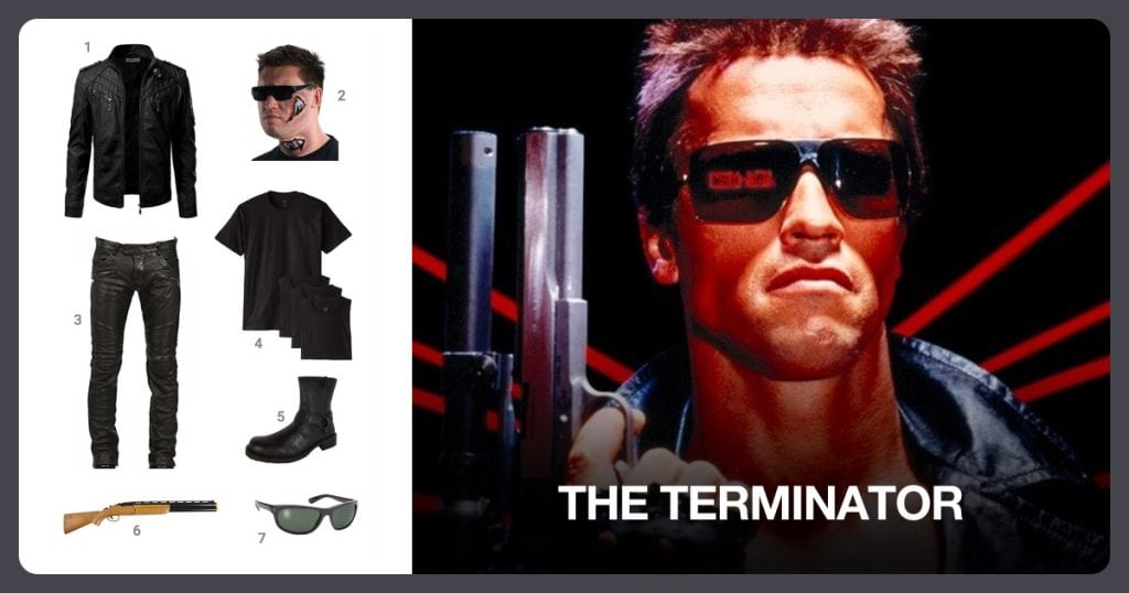 Black Leather Jacket, I’Ll Be Back Makeup Kit, Black Leather Pants and Black T-Shirt beside The Terminator