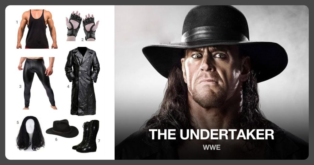 Muscle Tanktop, UFC Leather Gloves, Man Leggings and Leather Trench Coat beside The Undertaker