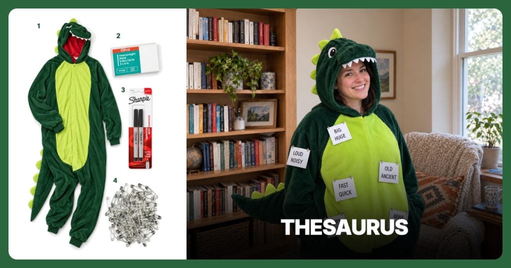 Green Dinosaur Onesie, White Index Cards, Black Fine Point Marker and Silver Safety Pins beside Thesaurus