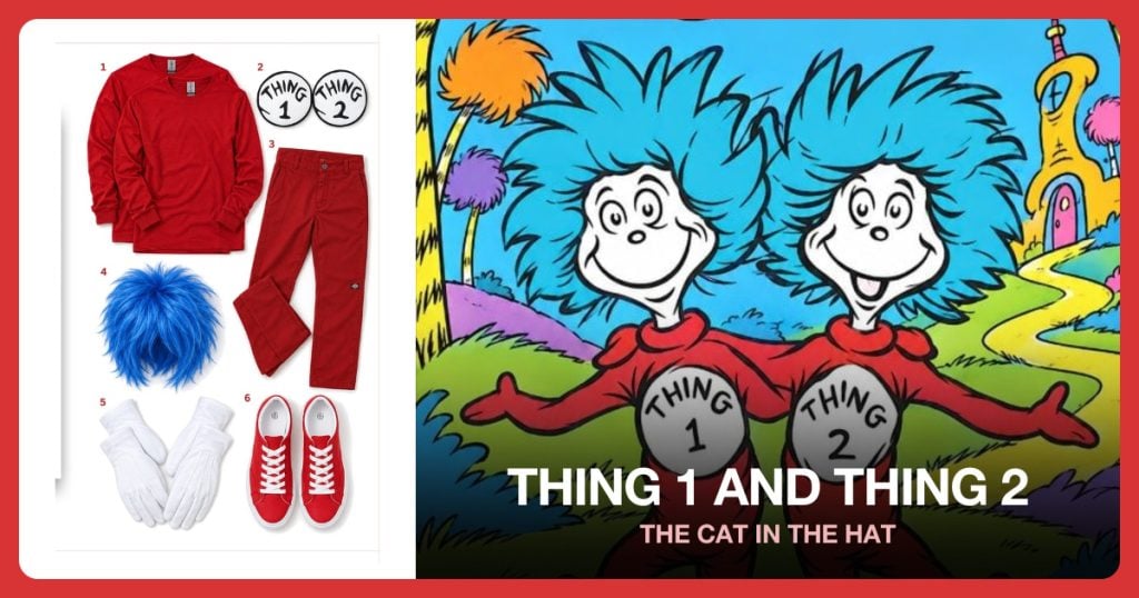 Red Shirt Set, Number Patches, Red Pants and Blue Spiky Wig beside Thing 1 and Thing 2
