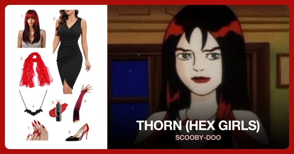 Ombre Red Black Wig, V Neck Sleeveless Dress, Red Women’s Shawl and Bat Necklace beside Thorn (Hex Girls)