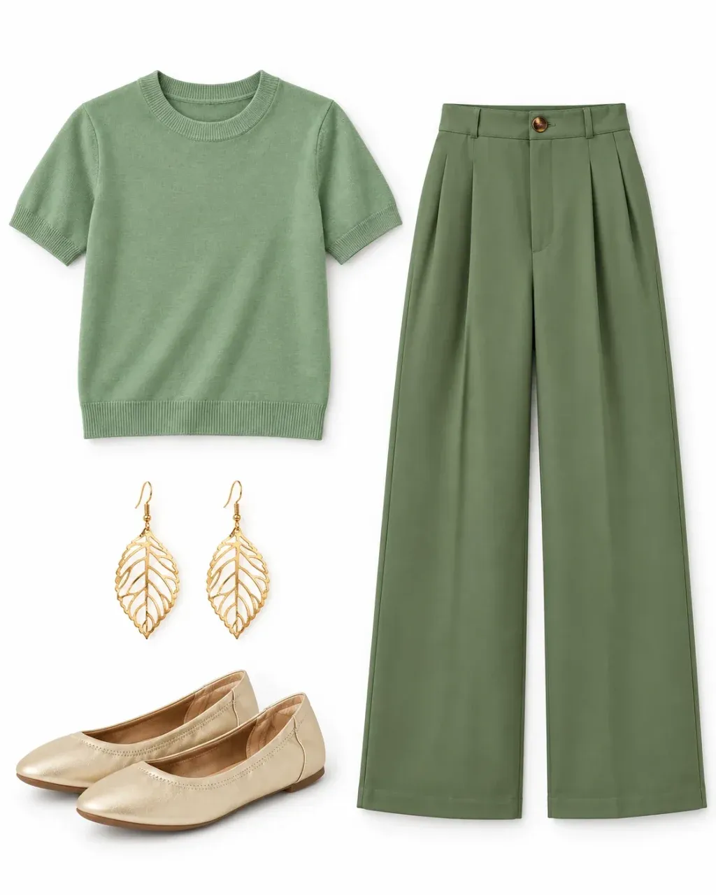 Light sage short-sleeve top, sage wide-leg trousers, gold leaf earrings and pale gold flats on white.