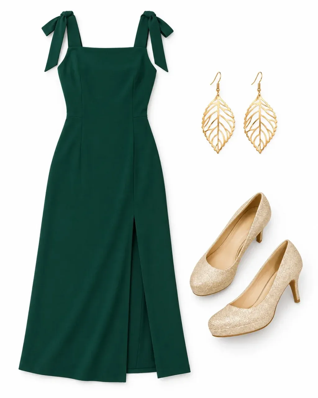 Deep emerald midi dress, low gold pumps and gold leaf earrings arranged on white.