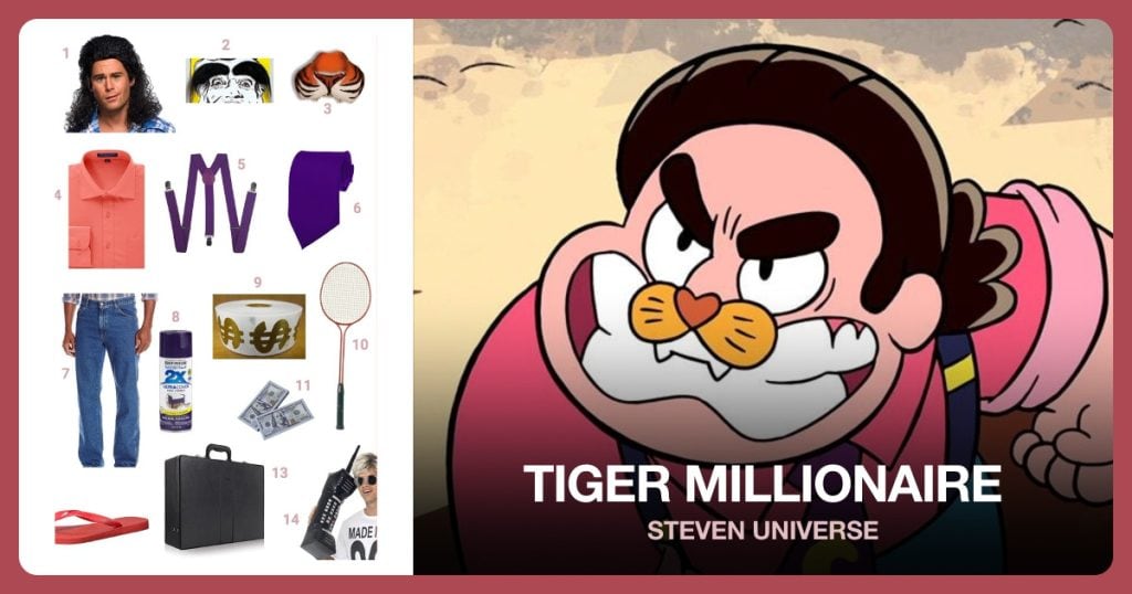 Perm Curly Mullet Wig, Black Bushy Eyebrows, Tiger Nose Mask and Salmon Button Down Shirt beside Tiger Millionaire