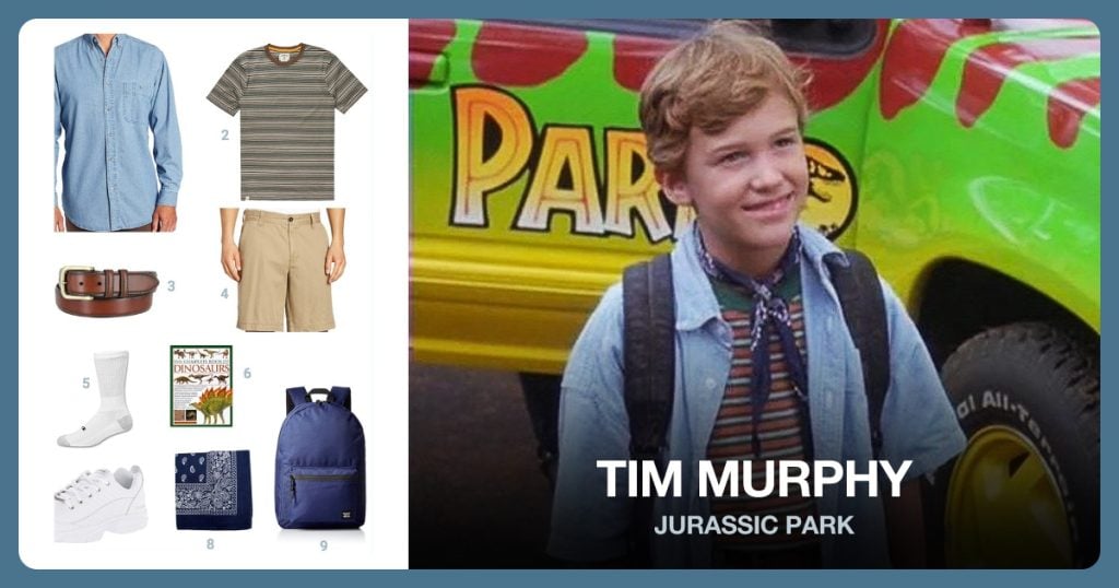 Tim Murphy costume from Jurassic Park: Denim Shirt, Striped T-shirt, Brown Belt with Brass Buckle, Khaki Shorts