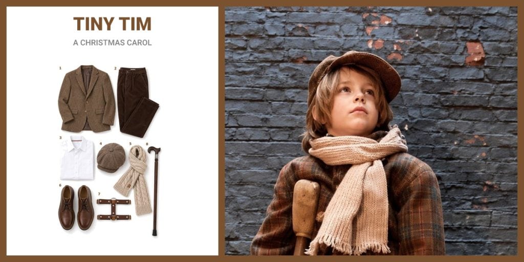 Brown Tweed Blazer, Brown Corduroy Trousers, White Dress Shirt and Brown Herringbone Tweed Newsboy Cap beside Tiny Tim