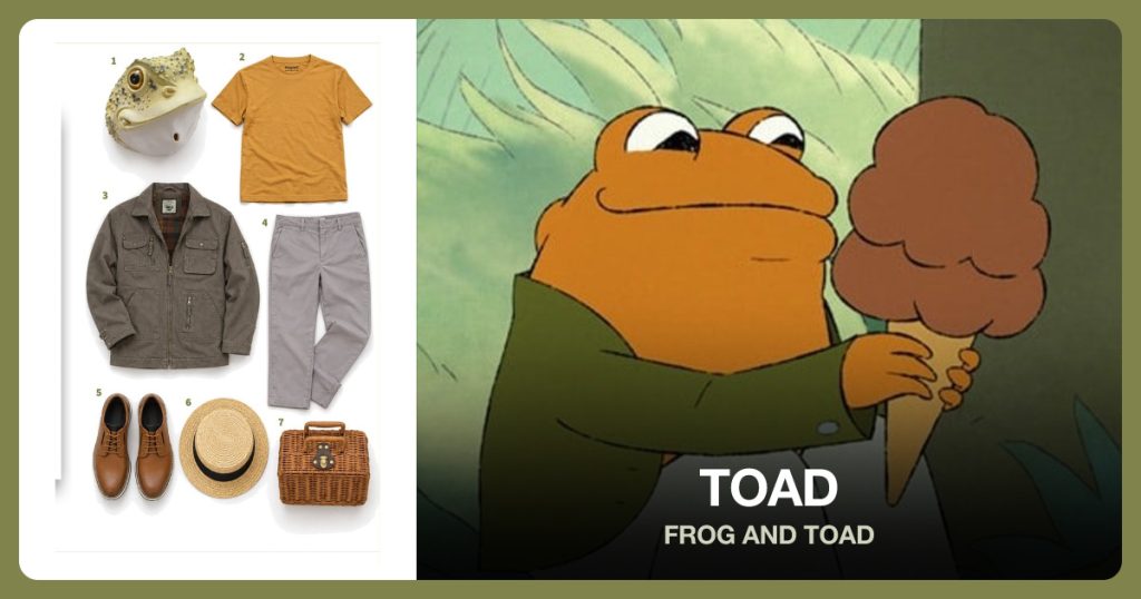 Full Head Toad Mask, Mustard Yellow Shirt, Olive Utility Jacket and Light Gray Trousers beside Toad