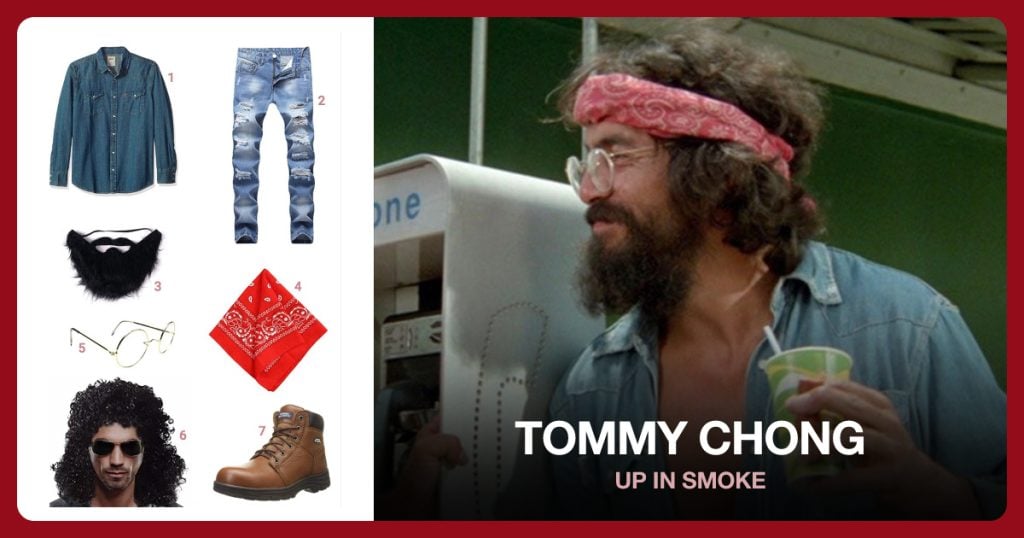 Denim Shirt, Distressed Pants, Fake Beard and Muctache and Red Bandana beside Tommy Chong