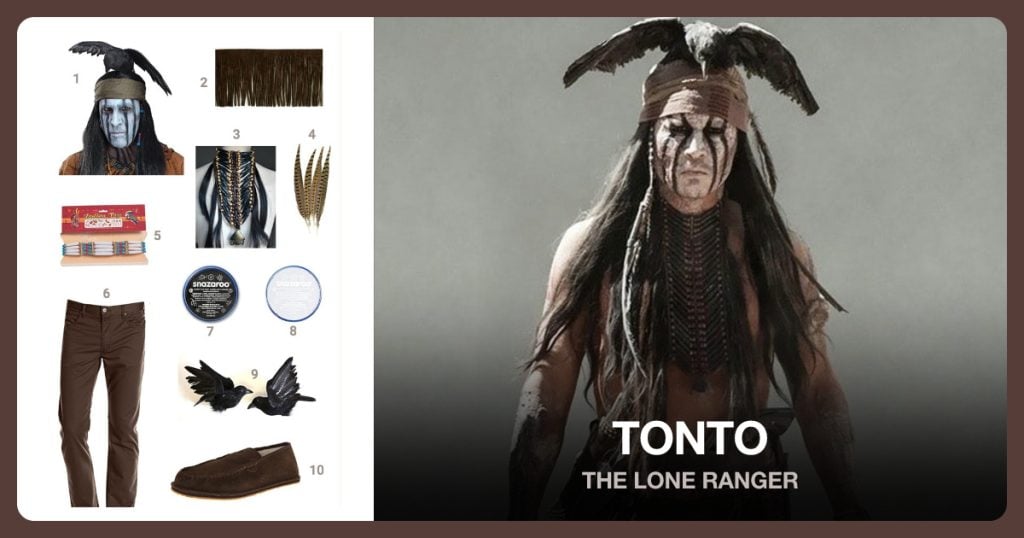 Native American Wig, Fringe Trim Brown, American Chest Piece and Ringneck Pheasant Feathers beside Tonto