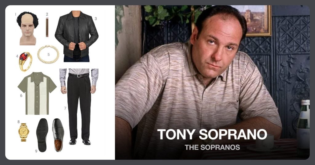 Bald Head Wig, Fake Cigar, Black Leather Jacket and Chunky Ring beside Tony Soprano