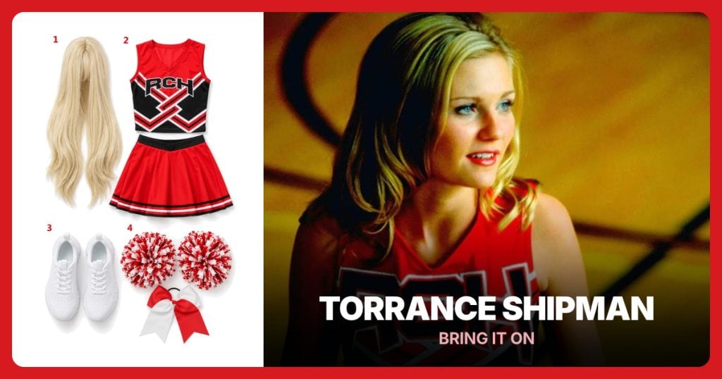 Long Blonde Wig, RCH Cheer Uniform Set, White Athletic Sneakers and Red-White Pom-Pom Set beside Torrance Shipman