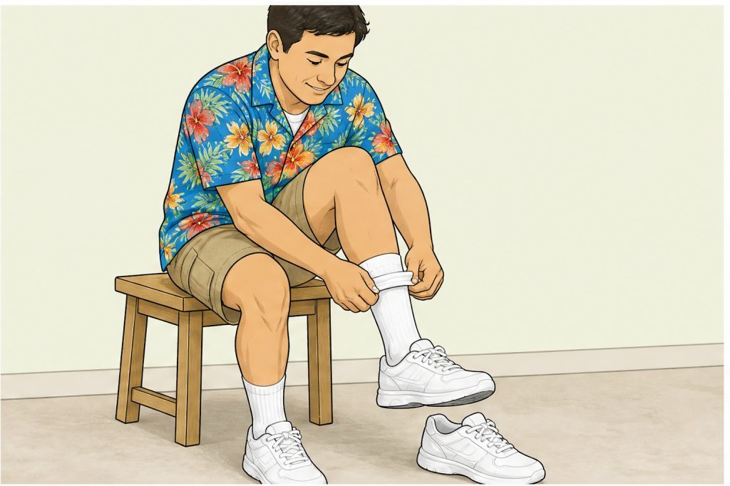 Pull on white crew socks and sneakers
