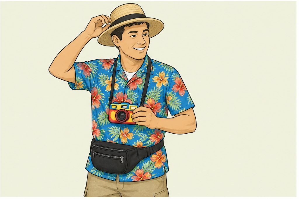 Add a straw sun hat and camera