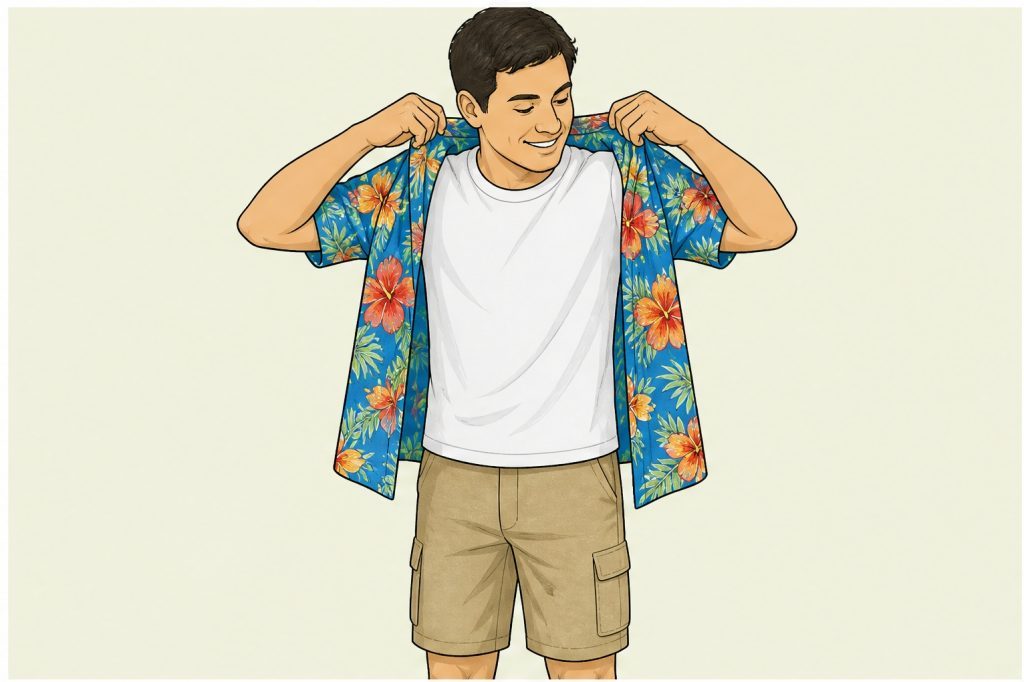 Put on a bright Hawaiian shirt and khaki shorts