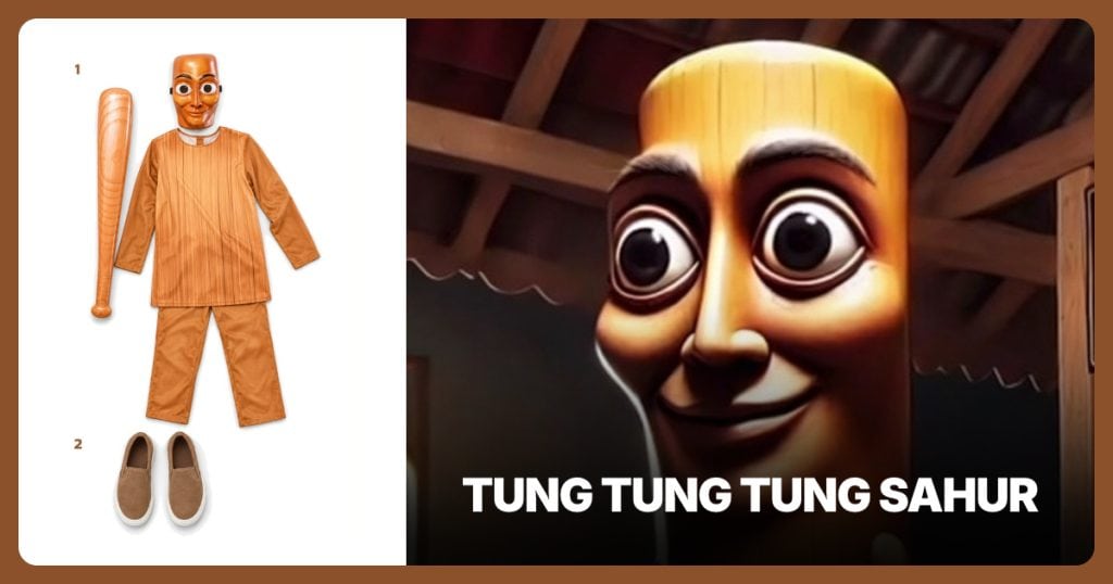 Tung Tung Sahur Costume Set and Tan Slip-On Shoes beside Tung Tung Tung Sahur