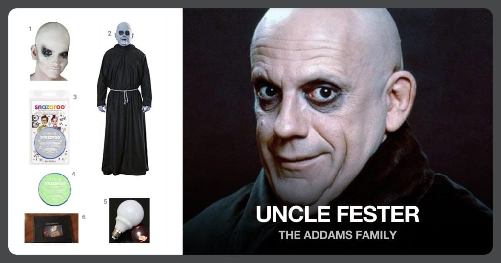 White Bald Cap, Uncle Fester Costume, Light Grey Face Paint and Pale Green Face Paint beside Uncle Fester